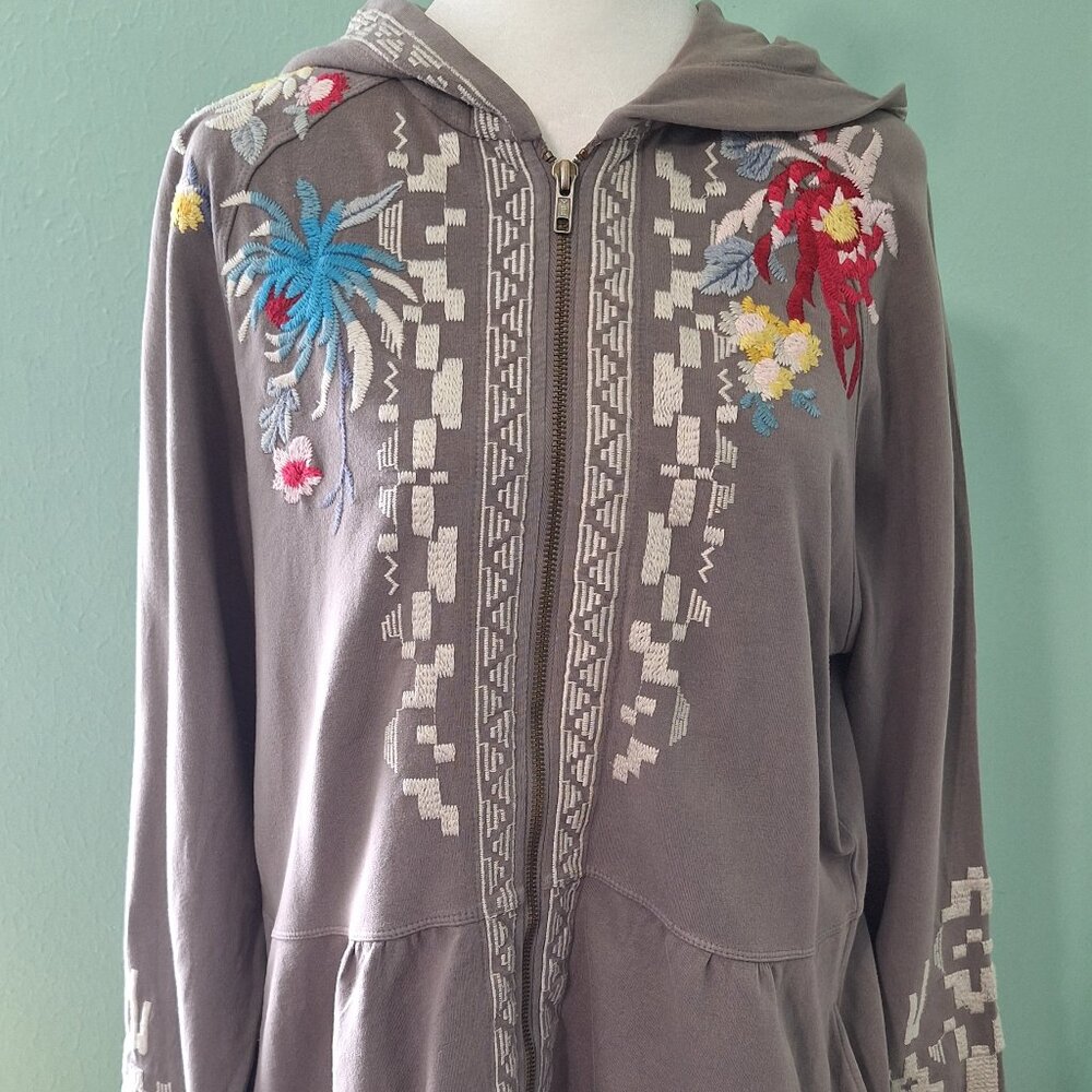 Johnny Was Light Grey Cotton Embroidered Hoodie Sz L